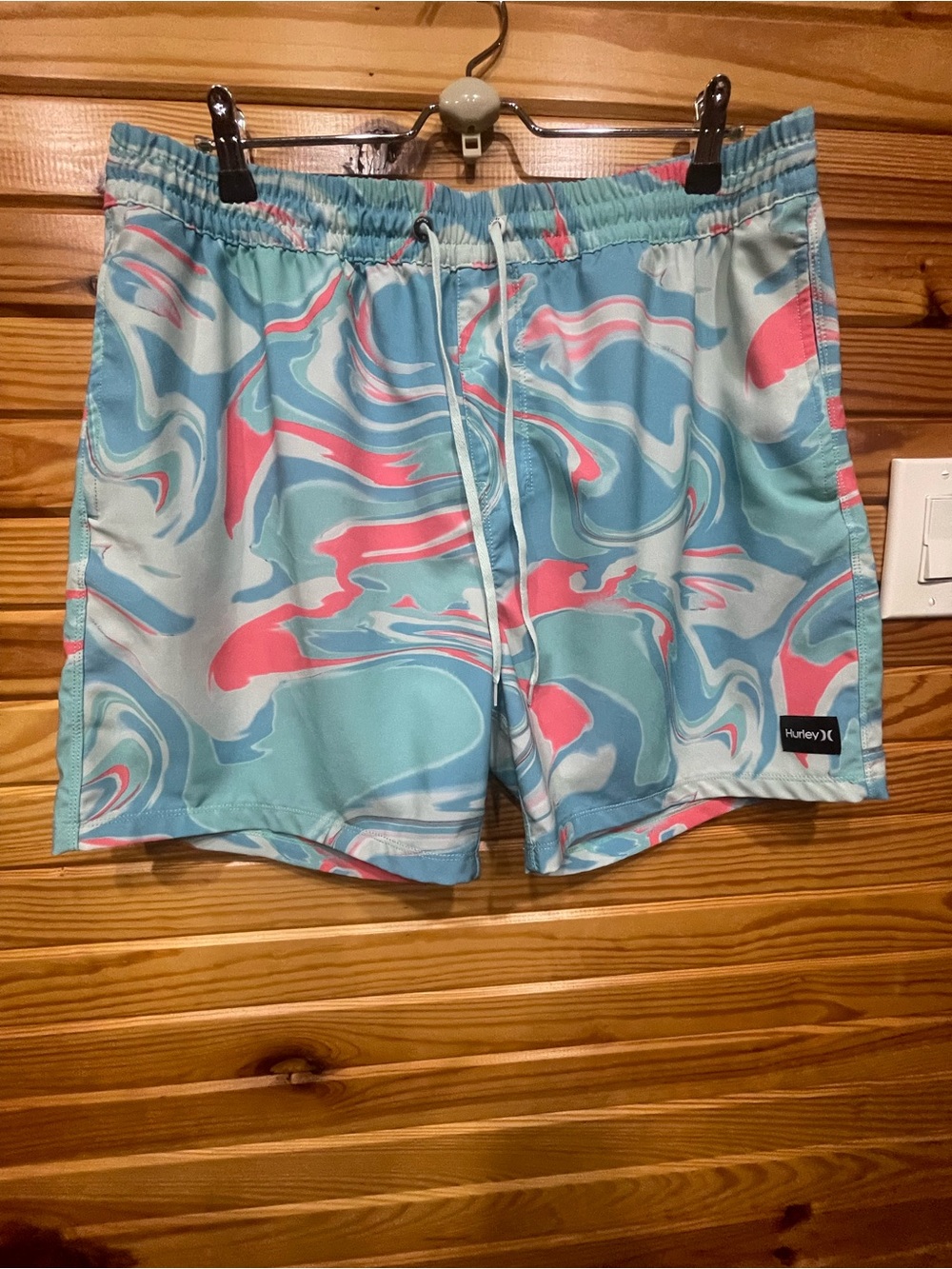 Hurley Men's Teal, Coral & Light Blue Swirl Swim Trunks